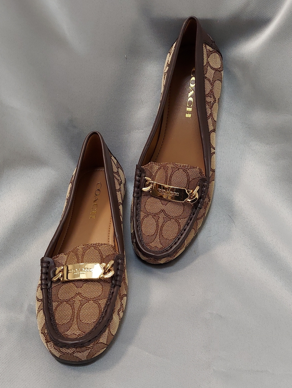 Coach Loafers, Size 7B, Fabric Monogram, Leather Trim, Gold Logo Bar